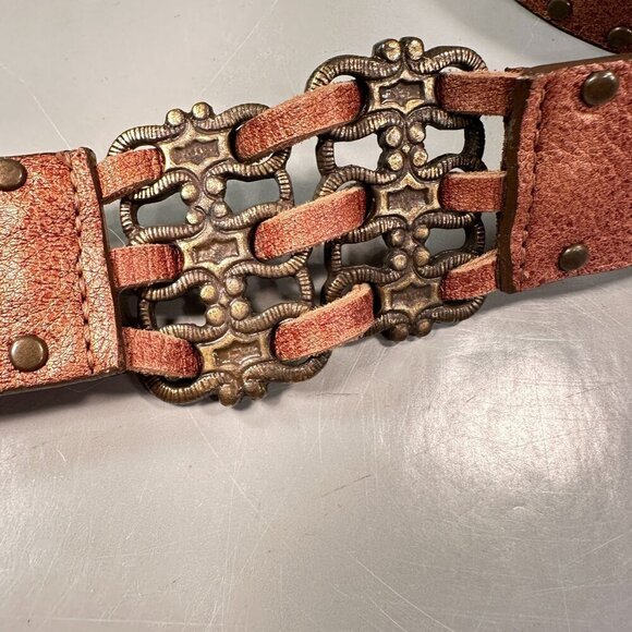 LeatheRock Leather Studded Western Belt Interlocking Chain Links Y2K Boho - Picture 7 of 16